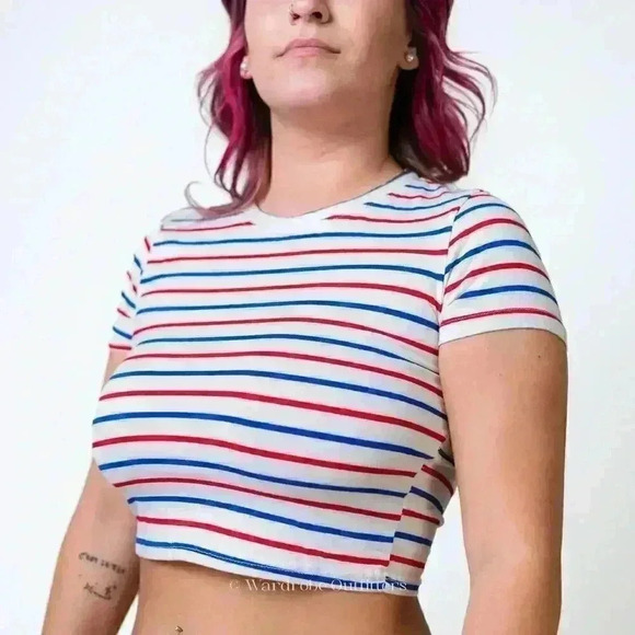 Red White & Blue Stripe Cropped Tee Shirt - Picture 6 of 6